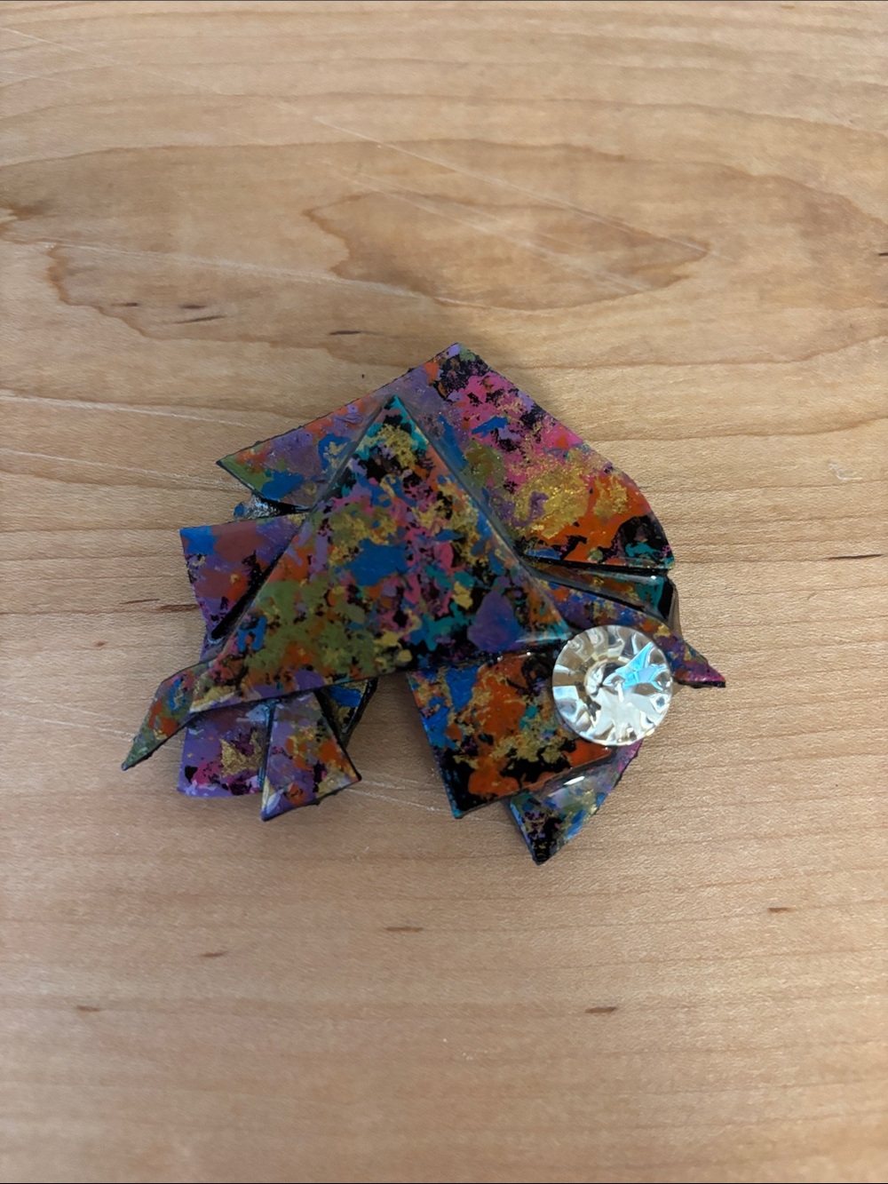 Vintage Artisan Made Colorful Abstract Geometric Brooch with Rhinestone? Accent